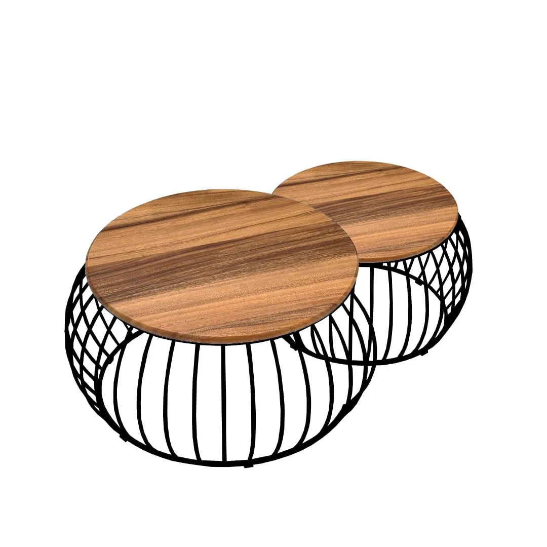 Wire-Basket Round Nesting Table Set, Black with Wood · Medium