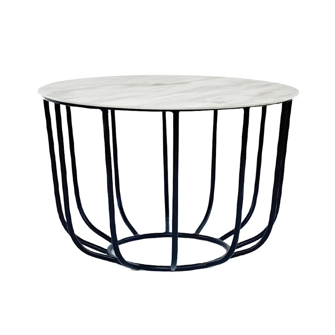 Loop-Frame Round Coffee Table, Black with Marble White