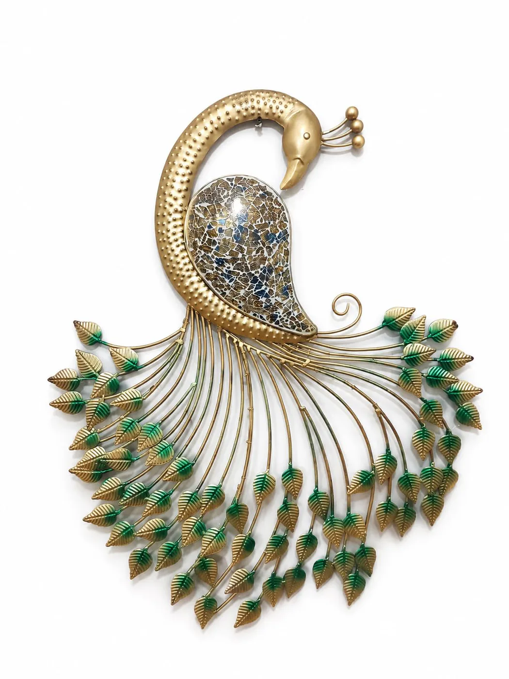 Golden Peacock Wall Art with Mosaic Glass & LED Light