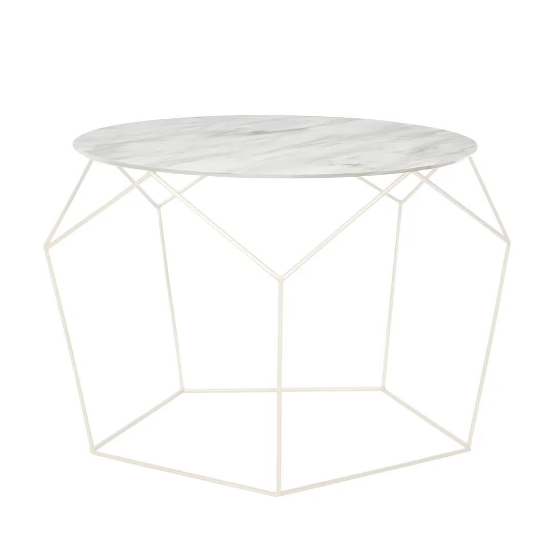Pentagon-Frame Round Coffee Table, White with Marble White