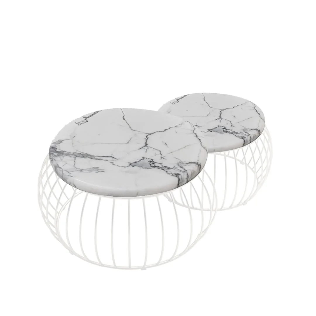 Wire-Basket Round Nesting Table Set, White with Marble White · Medium · Cottage