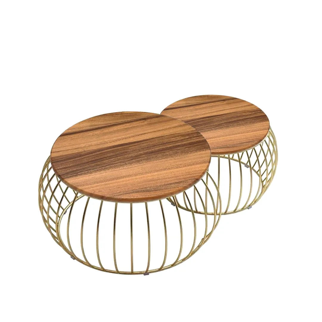 Wire-Basket Round Nesting Table Set, Gold with Wood · Medium