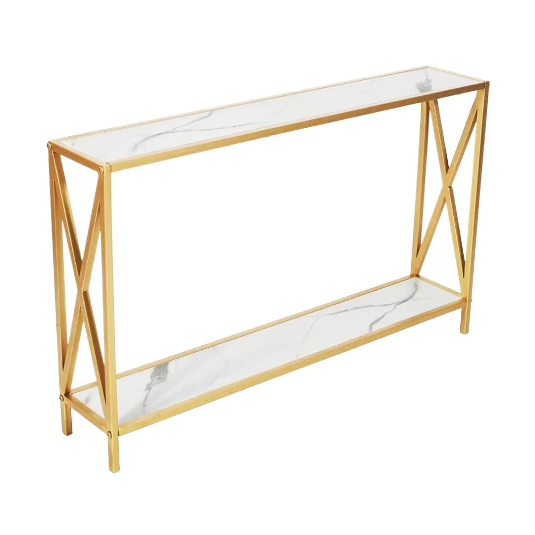 X-Frame Two-Tier Console Table, Gold and Marble White