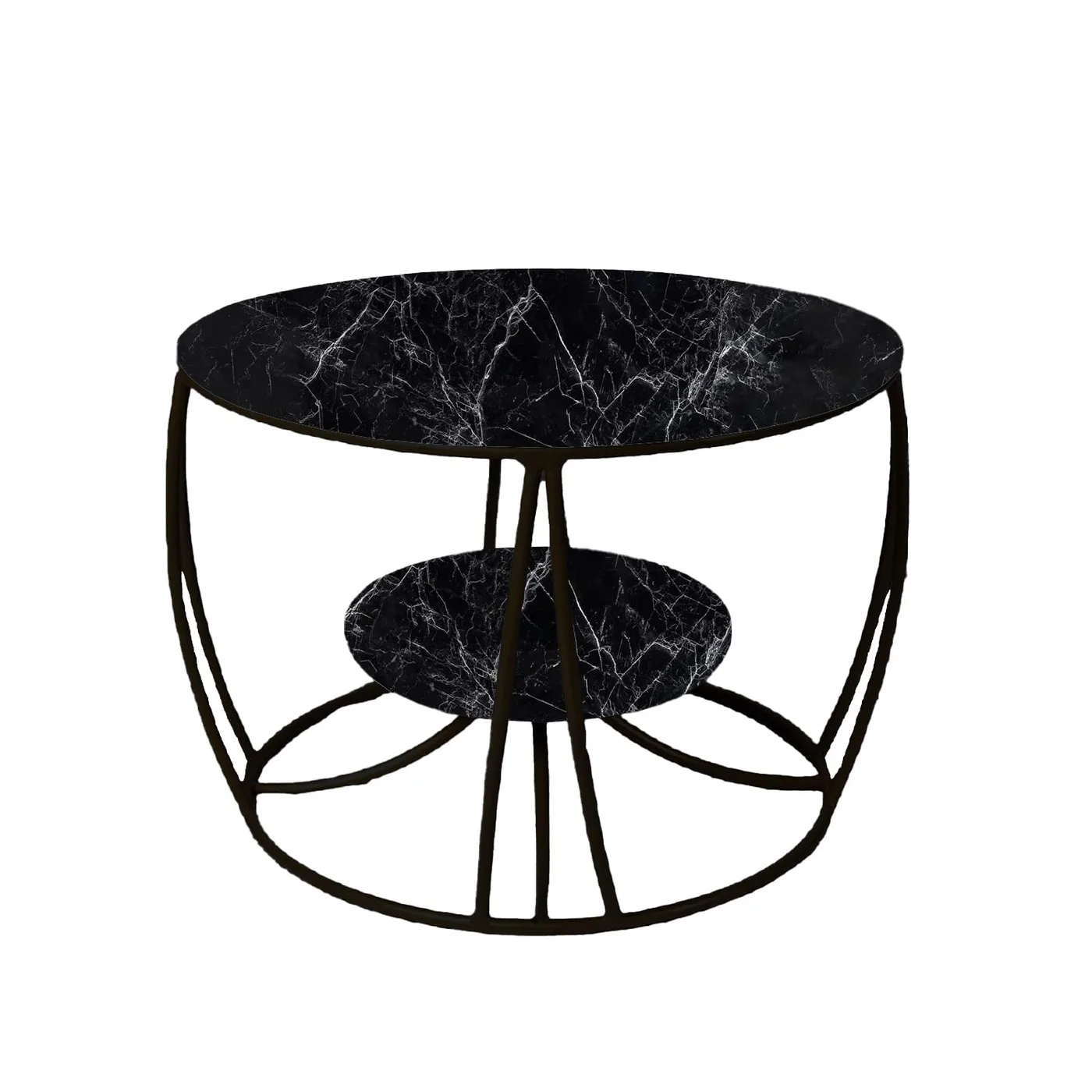 Two-Tier Curved-Frame Coffee Table, Black with Black Marble · Medium