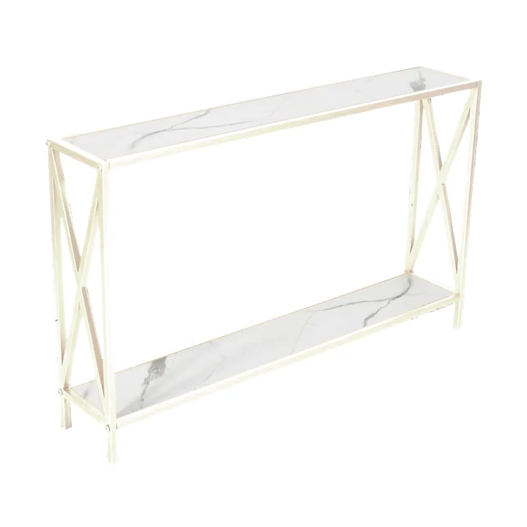 X-Frame Two-Tier Console Table, White and Marble White