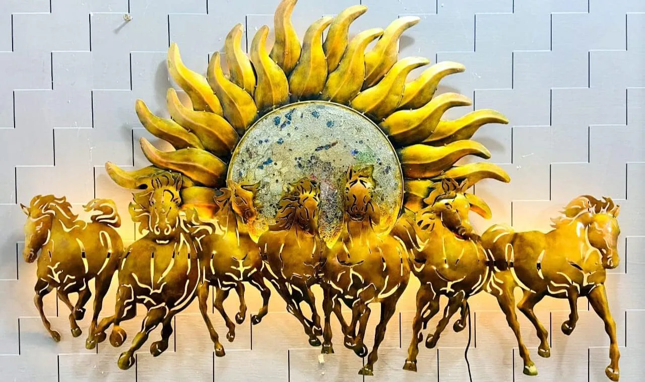 Golden Sunrise Seven-Horse LED Wall Art — 53 × 33 in
