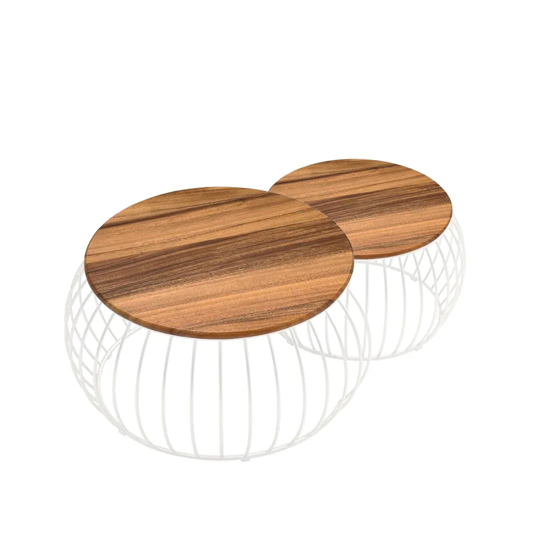 Wire-Basket Round Nesting Table Set, White with Wood · Medium · Modern