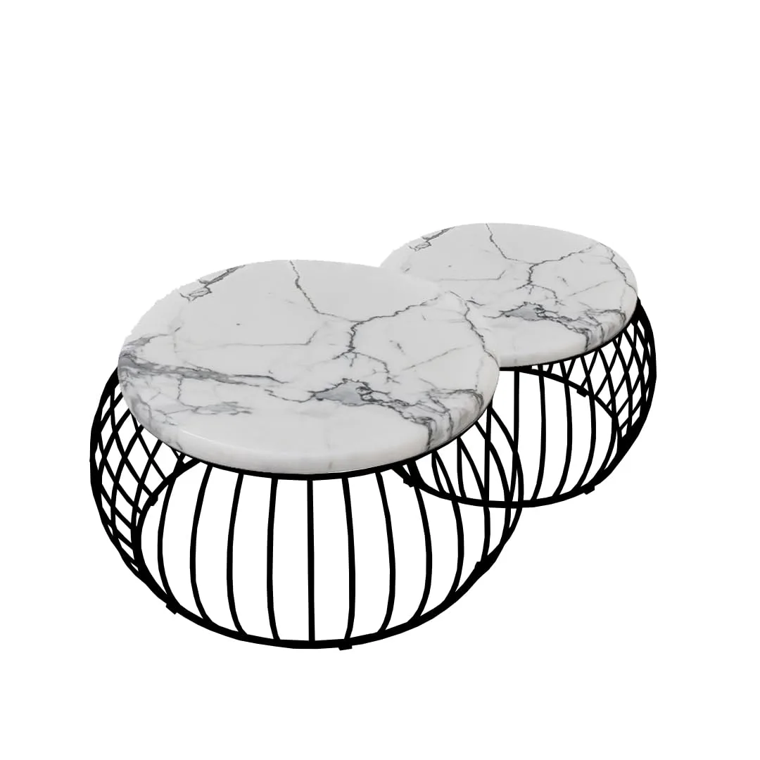 Wire-Basket Round Nesting Table Set, Black with Marble White · Medium