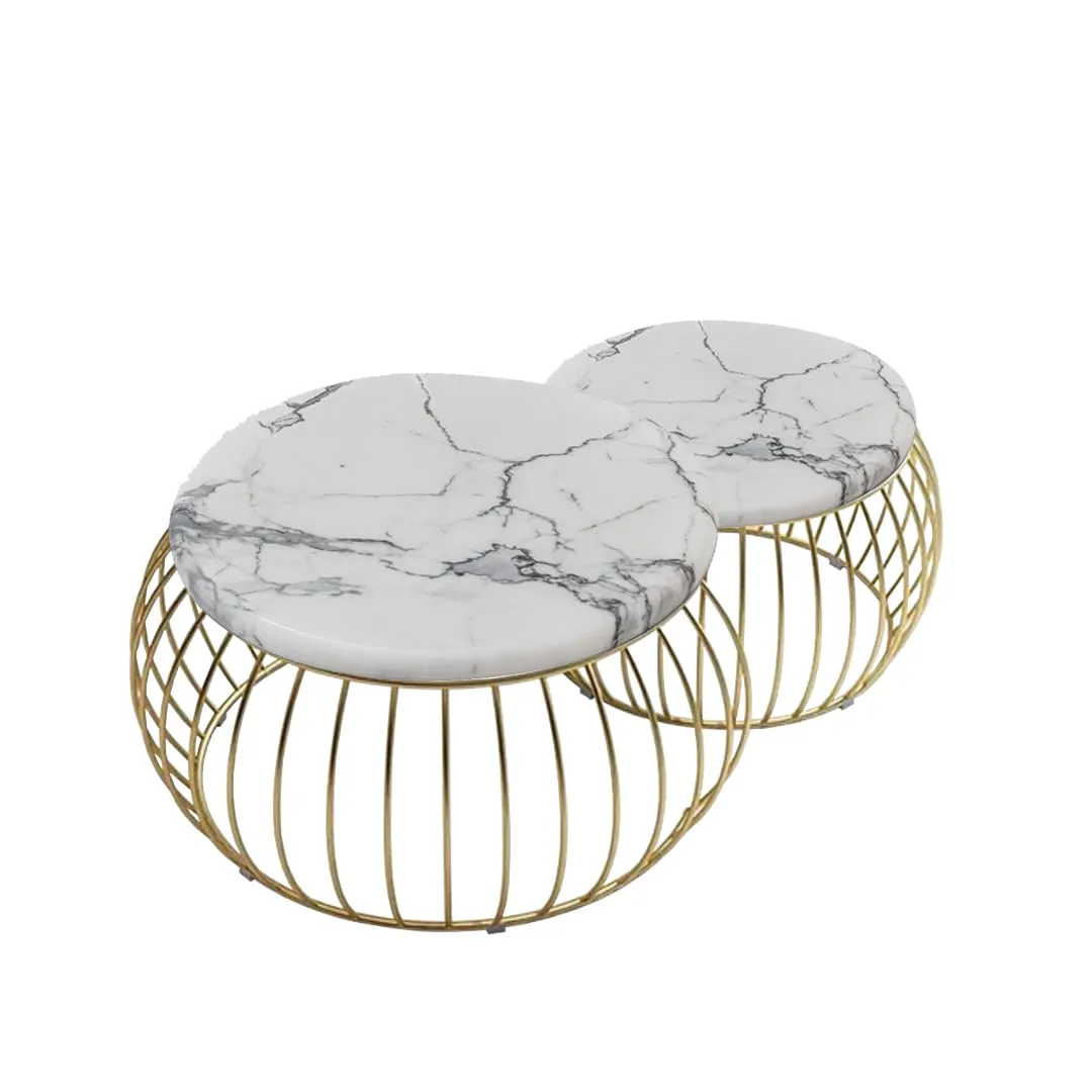 Wire-Basket Round Nesting Table Set, Gold with Marble White · Medium