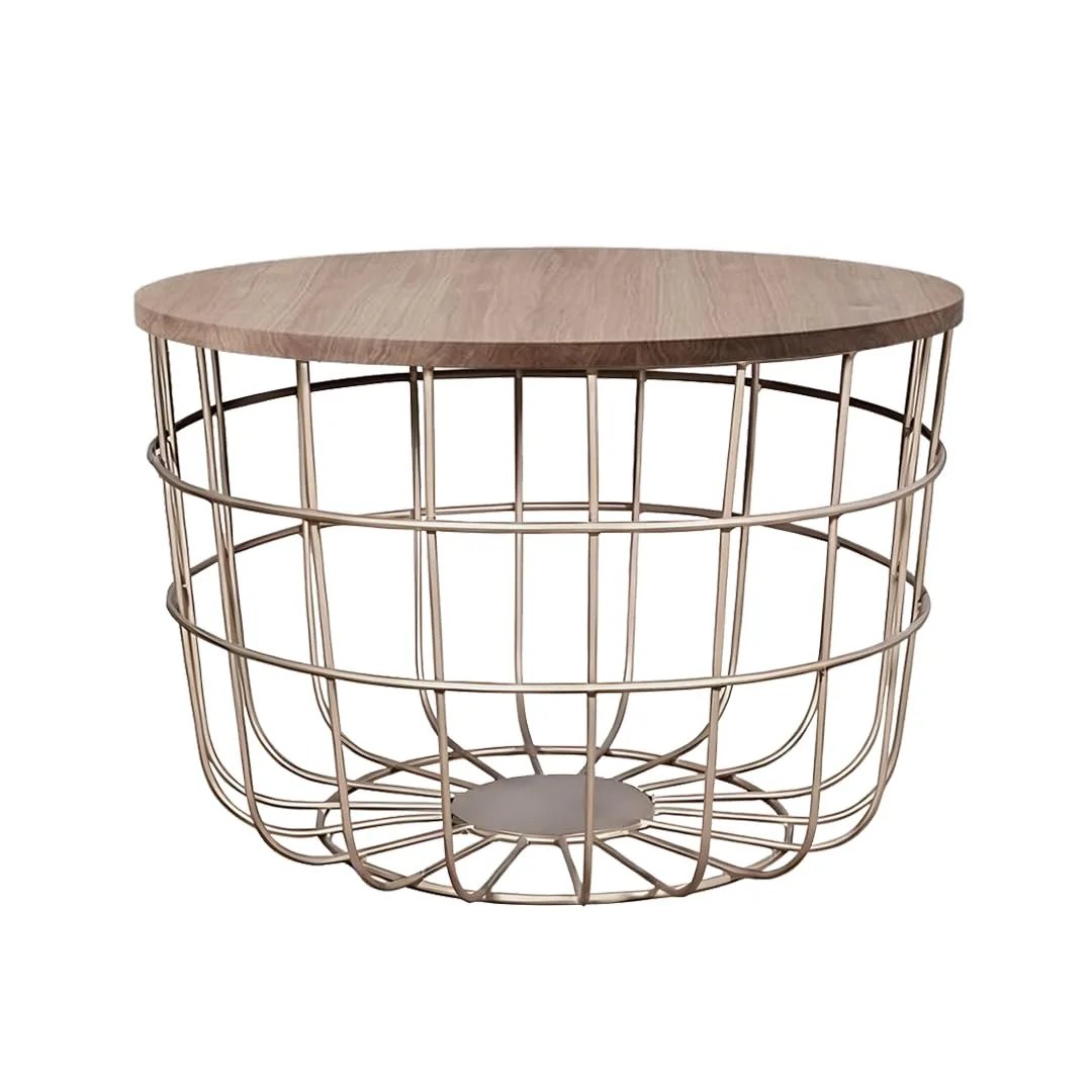 Grid-Basket Round Coffee Table, Gold with Wood · Medium