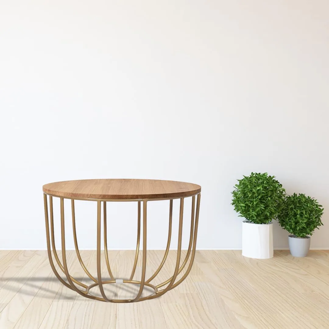 Loop-Frame Round Coffee Table, Gold with Wood