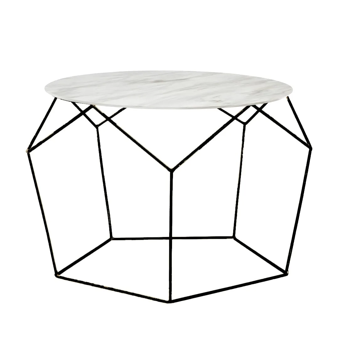 Pentagon-Frame Round Coffee Table, Black with Marble White