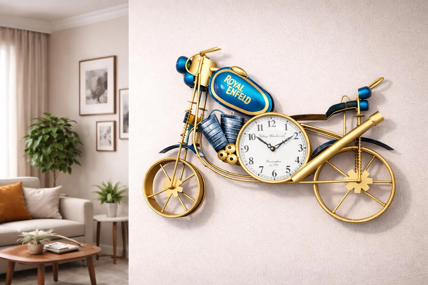 Blue & Gold Motorcycle Wall Clock — 60 × 12 × 45 cm