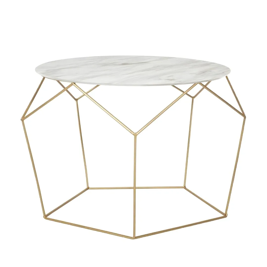 Pentagon-Frame Round Coffee Table, Gold with Marble White