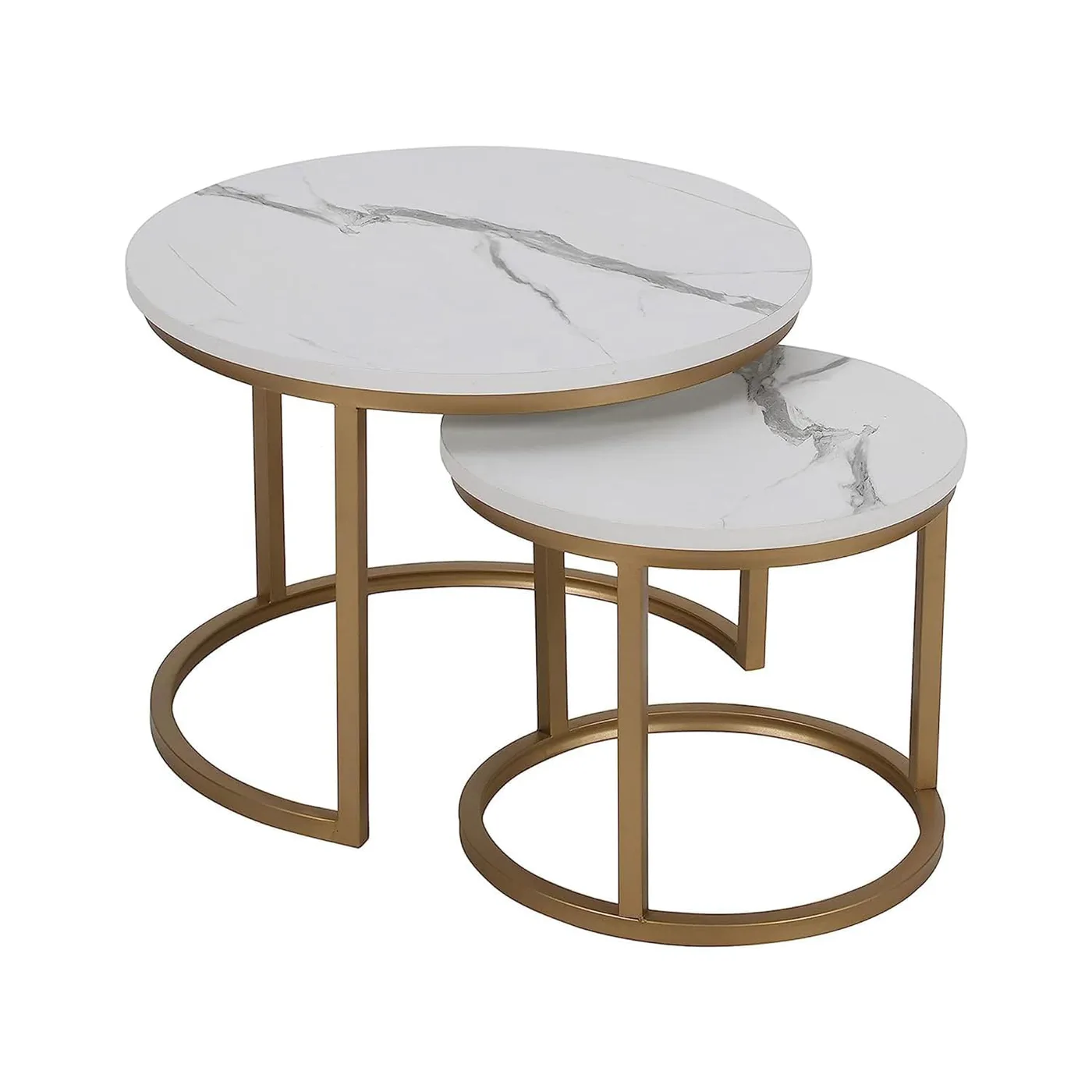 C-Frame Round Nesting Table Set, Gold and Marble White · Medium