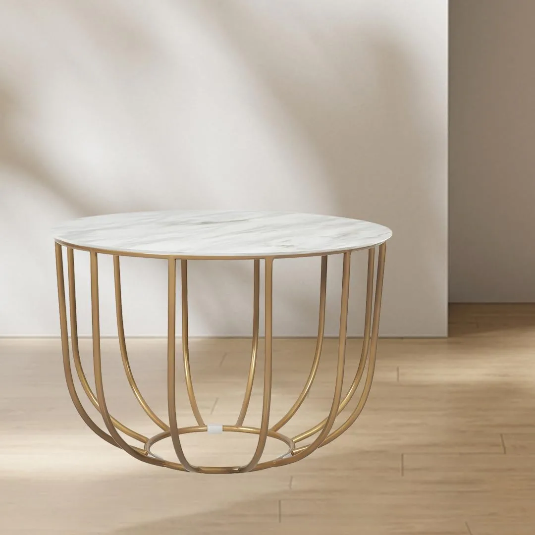 Loop-Frame Round Coffee Table, Gold with Marble White