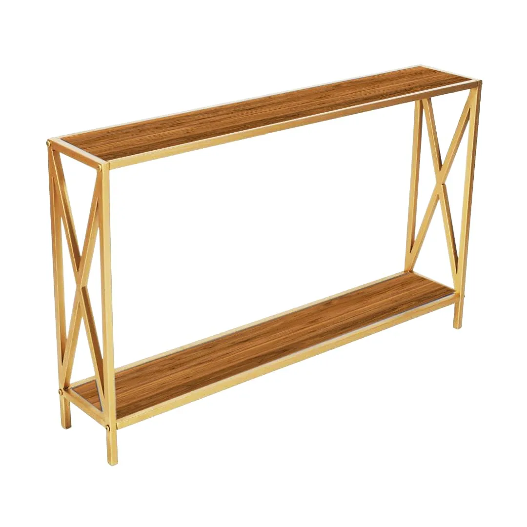 X-Frame Two-Tier Console Table, Gold and Wood
