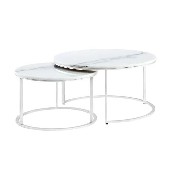 C-Frame Round Nesting Table Set, White and Marble White · Medium · Casual