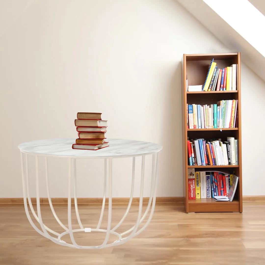 Loop-Frame Round Coffee Table, White with Marble White