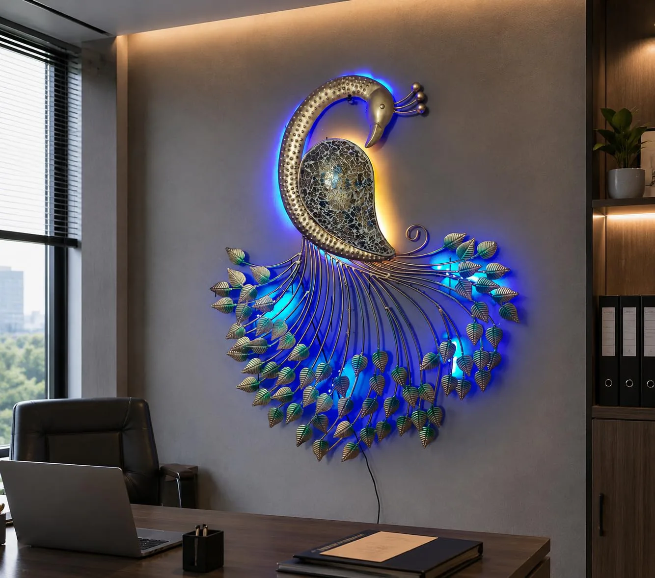 Handcrafted Peacock LED Wall Light — 32 × 26.5 × 3 in
